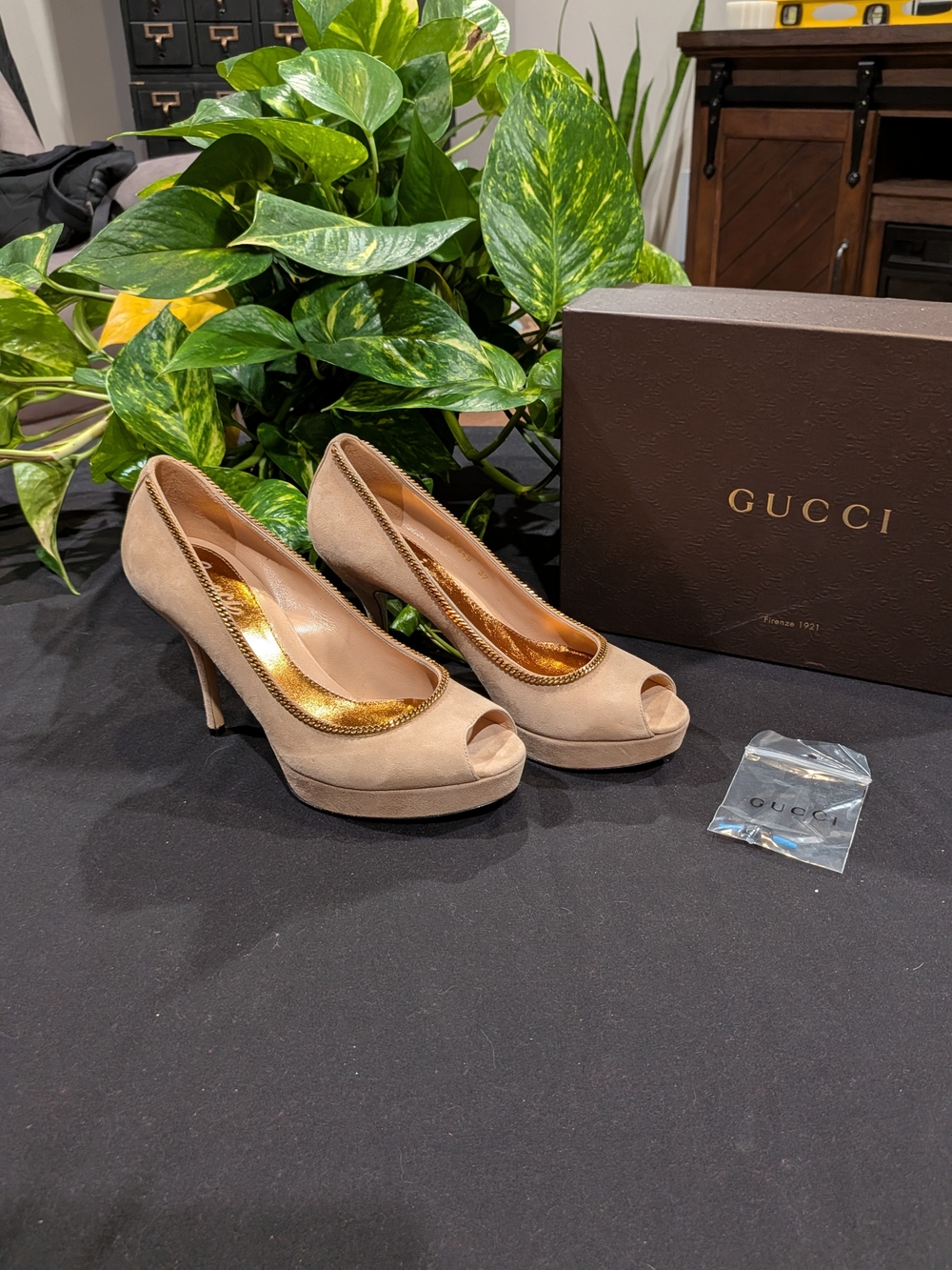 Gucci Women's Beige Suede/ Gold Chain Peep-Toe Platform Heels